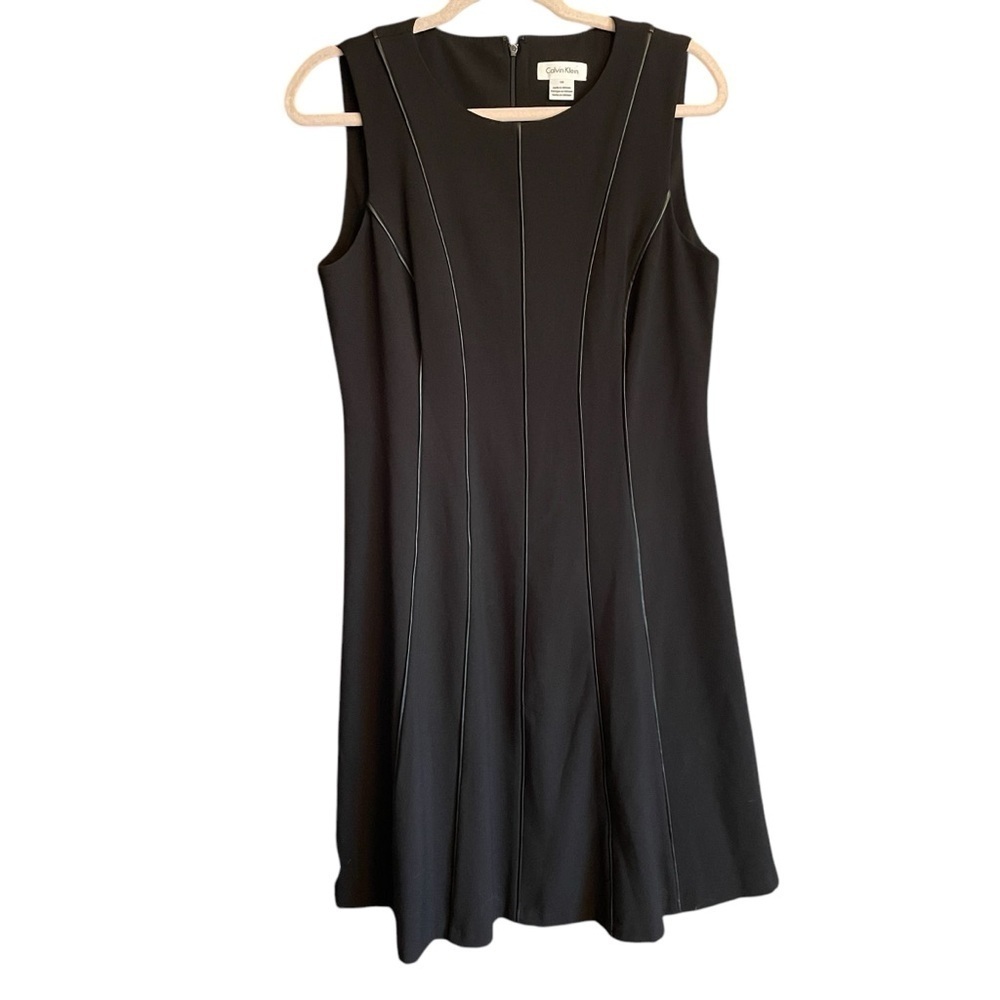 CALVIN KLEIN Black Sleeveless Dress with Faux Leather Trim-Size 10